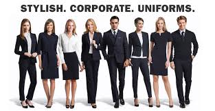 Corporate uniform examples including suits and formal officewear